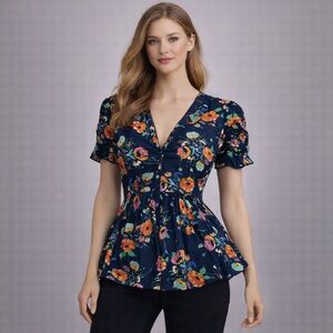 NWT Zara Dark Blue Floral Blouse